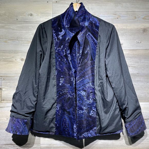 Chicos Velvet Jacket Women’s L (2) Paisley Floral Open Front Blazer Blue Purple - Picture 3 of 11